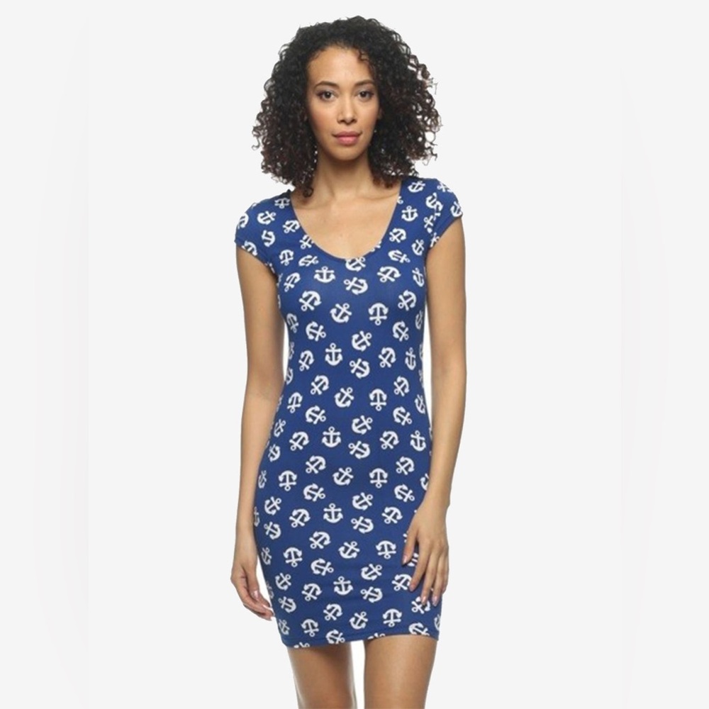 New V neck Bodycon Dress - A stretch knit dress sea anchor print. Sizes S-Lrg
